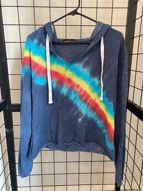 Almost Famous Navy V-Neck Hoodie with Rainbow Tie-Dye Stripe